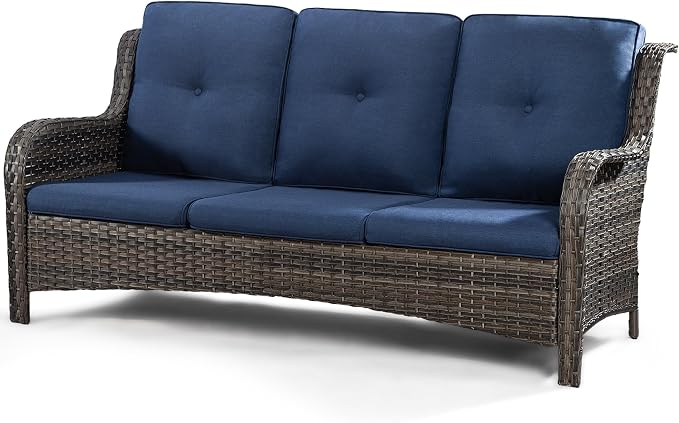 Wicker Patio Furniture Sets 7 Piece Set with One 3-Seat Sofa, 4 WIkcer Chairs, 2 Ottomans, Wicker Outdoor Furniture Set Patio Conversation Set, Blue