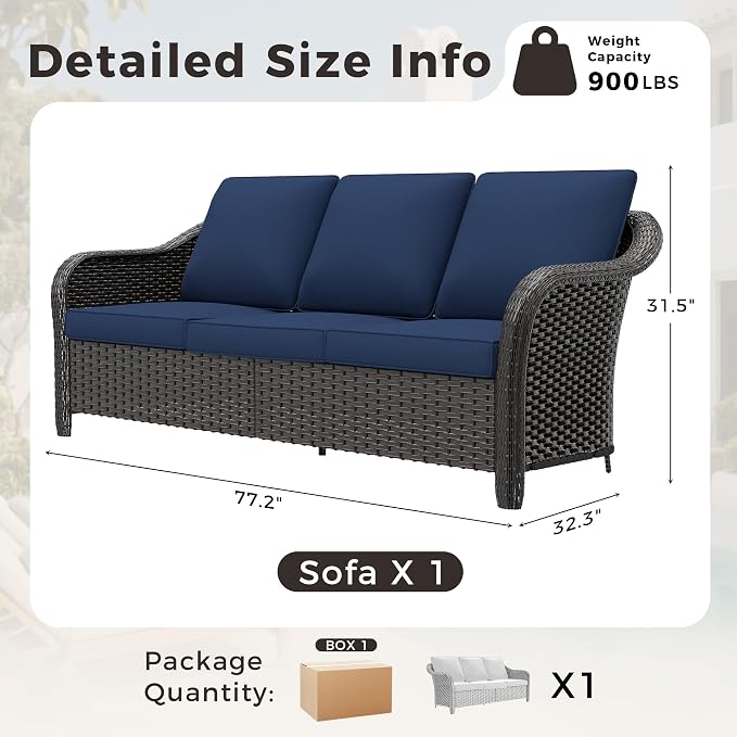 78" Wicker 3-seat Sofa, Outdoor Conversation Furniture, All-Weather Rattan Couch, Steel Frame Couch with Cushions for Garden, Poolside, Porch (Navy Blue)