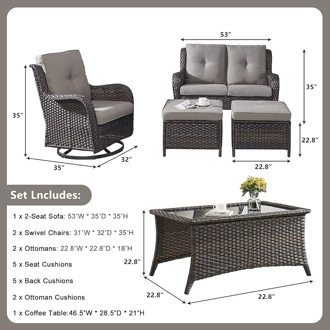 Rilyson Wicker Patio Furniture Set - 6 Piece Rattan Outdoor Sectional Conversation Sets with 2 Swivel Rocking Chairs,2 Ottomans,1 Loveseat and 1 Coffee Table for Porch Deck Garden(Brown/Grey)
