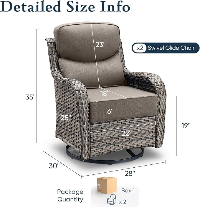 Belord Luxury 6" Thick Cushioned Outdoor Swivel Rocker Patio Chairs of 2, High Back Wicker Patio Furniture Set with Ergonomic Zone Back, Conversation Glider Set for Deck Porch - Grey+Grey