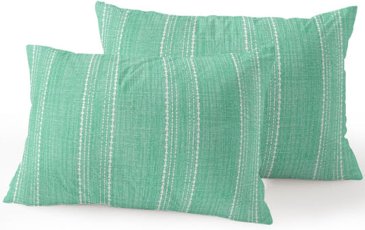 Waterproof Outdoor Pillow Set of 2 Mint Green Linen Stripes Decorative Throw Pillows Cover & Insert 20x12 Inch Lumbar Pillowcase Parallel Vertical Lines Pillows for Couch Sofa Bed Patio Furniture