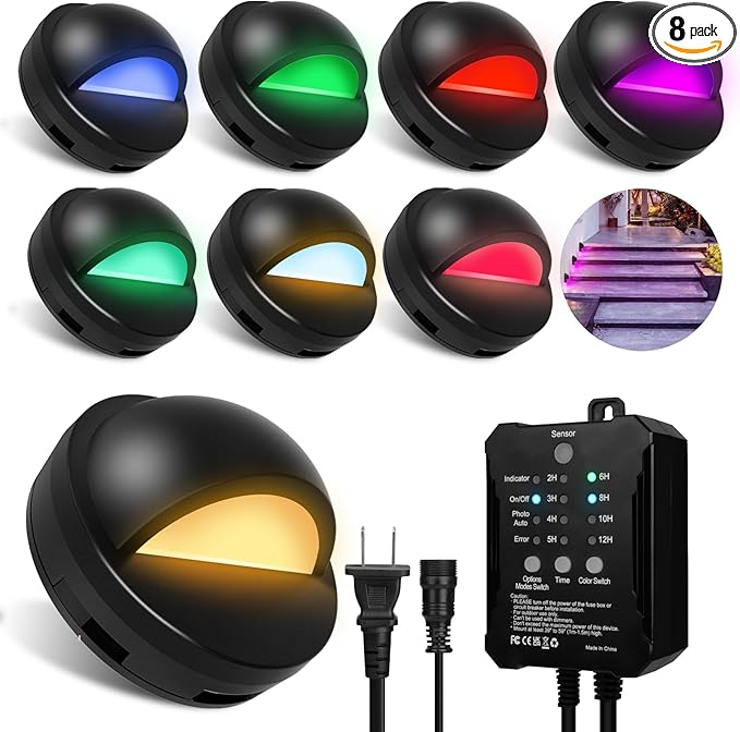 SMY Lighting RGBW Low Voltage Fence Lights Kit with Transformer Photocell Sensor and Timer IP67 Waterproof Patio Deck Lights for Outdoor Garden Steps Landscape Lighting Walkway 8Packs