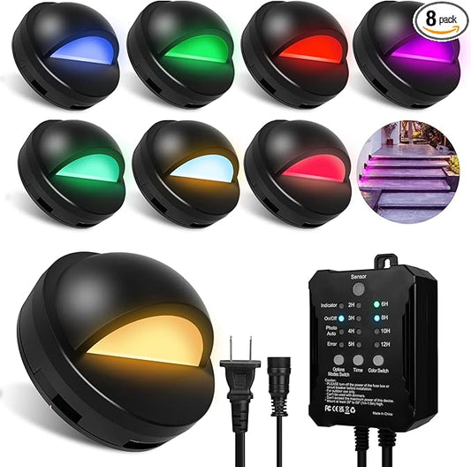 SMY Lighting RGBW Low Voltage Fence Lights Kit with Transformer Photocell Sensor and Timer IP67 Waterproof Patio Deck Lights for Outdoor Garden Steps Landscape Lighting Walkway 8Packs