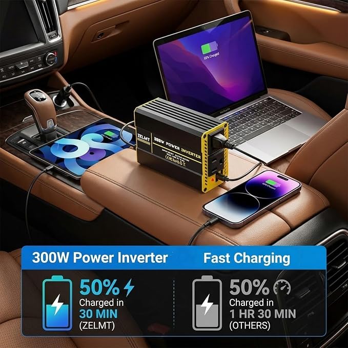 300W Car Power Inverter 12V DC to 110V AC Converter, Dual AC Outlets, 4.8A USB Fast Charging, Portable Car Plug Adapter for Laptop, Phone, Tablet, Road Trip & Emergency