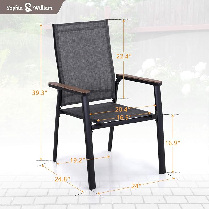 Sophia & William Patio Dining Chairs Set of 8, Stackable Aluminuum Frame | Grey textilene, Weather-resistant, light-weight & space-saving, Breathable & quick-drying, Outdoor deck backyard porch