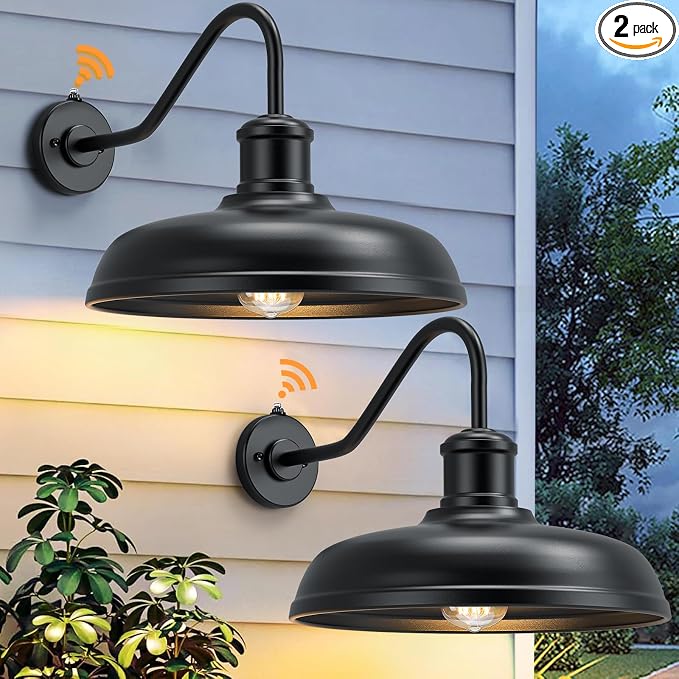16 Inch Dome Dusk to Dawn Gooseneck Barn Light Outdoor, Black | Large Farmhouse Exterior Lighting Fixture, Industrial Outdoor Wall Sconce Outside Lantern for House, Porch, Garage