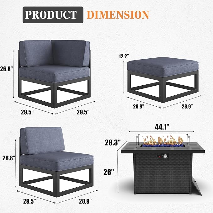 11 Pieces Aluminum Patio Furniture Set with Propane Gas 44" Fire Pit Table, Metal Outdoor Conversation Sofa Set with Seating Cushions