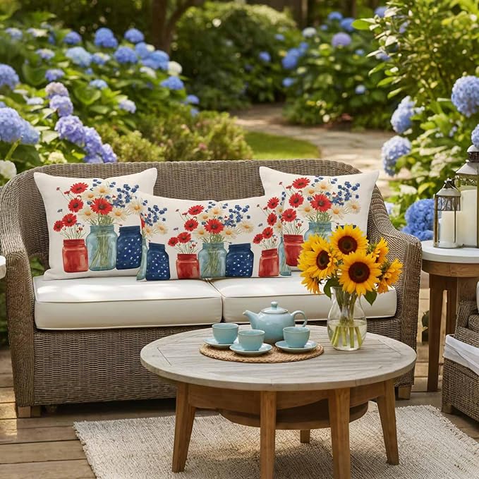 Independence Day Waterproof Outdoor Pillow Covers Set of 2 Home Decor, Red Blue Patriotic Poppy Flower Daisy Pillowcase Patio Pillow Covers for Couch Bench Furniture Garden 20x12in