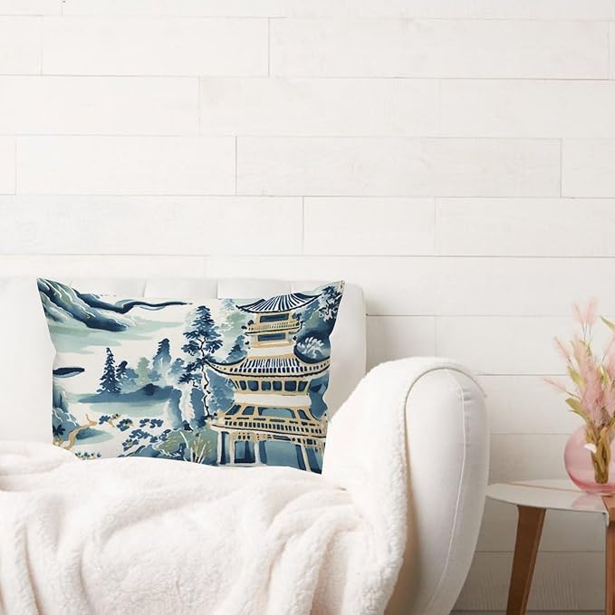 Blue and White Chinoiserie Pagoda Asian Rectangular Cushion Cover Ming Rain Chinoiserie Throw Pillow Cover Classic Modern Decorative Pillow Covers for for Couch Sofa 16x24in