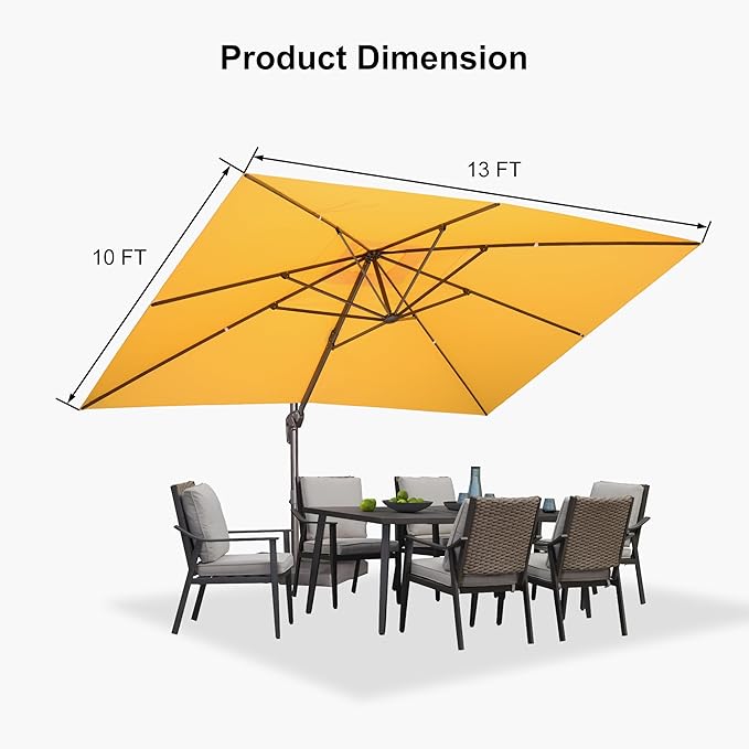 PURPLE LEAF 10' X 13' Patio Cantilever Umbrella Rectangle Umbrella Outdoor with Aluminum Offset Antique Bronze Hanging and 360° Rotation for Pool Garden Deck Patio, Yellow