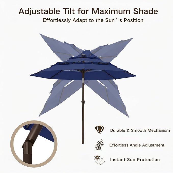 Kingdura 9ft 3-Tier Patio Umbrella, Outdoor Table Umbrella with Easy Crank & Tilt, 8 Reinforced Ribs, UV Protection for Deck, Pool, Market, Backyard (Navy blue)