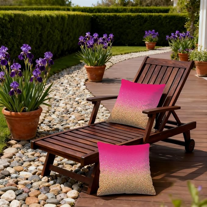 16x16 Inch Outdoor Pillow Covers Set of 2 Waterproof Throw Pillow Covers Decorative Couch Cushion Covers Pink Gold Glitter Square Pillowcases Protectors for Patio Garden Sofa