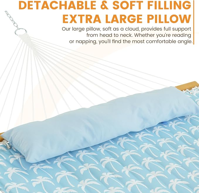 Lazy Daze Hammocks 12FT Quilted Fabric Hammock with Soft Pillow, Double 2 Person Tree Hammock with Spreader Bar for Outside Patio Poolside Backyard Beach, 450 lbs Capacity, Coastal Floral