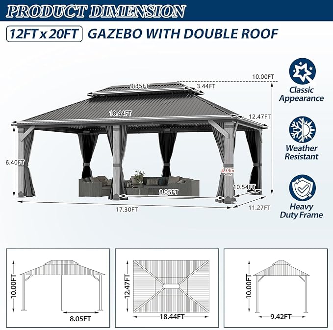 COVERONICS 12'x20' Outdoor Wood Gazebo - Hardtop Wooden Gazebo with Galvanized Steel Roof, Heavy-Duty Pavilion with Netting & Curtains for Garden, Poolside, Deck, Backyard