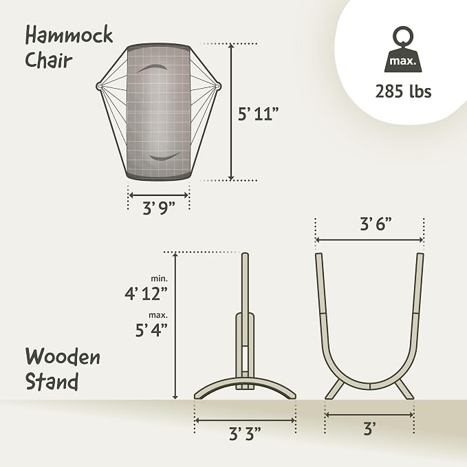 LA SIESTA Udine Outdoor Hammock Chair Set with freestanding Wooden Stand, Double-Size Weather-Resistant Hammock Chair with FSC-Certified Eucalyptus Wood Stand - Almond