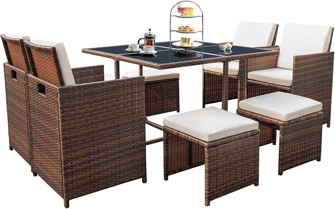 9 Pieces Patio Furniture Sets Beige Sectional Conversation Set Outdoor Patio Dining Sets with Glass Table Cushioned Seating and Back