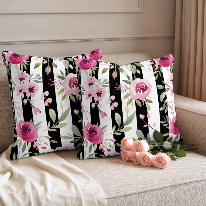 Outdoor Throw Pillow Covers Waterproof Pillow Cases 18x18in Watercolor Pink Floral Decorative Cushion Cases for Couch Sofa Patio Garden 2 Pack Black and White Stripes