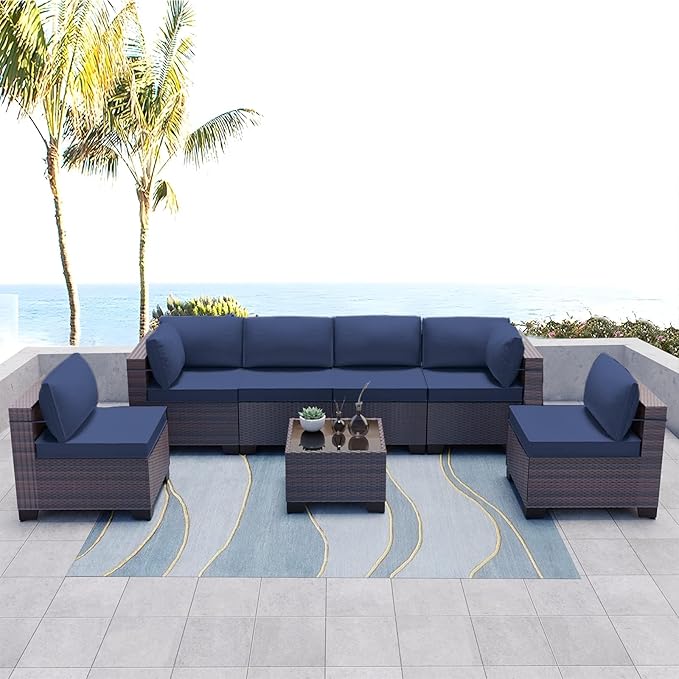 Kullavik 7 Pieces Outdoor Patio Furniture Set,Wicker Outdoor Sectional Sofa,All-Weather Patio Conversation Sets with Washable Thick Cushions & Coffee Table for Garden,Backyard,Balcony,Porch,Navy Blue