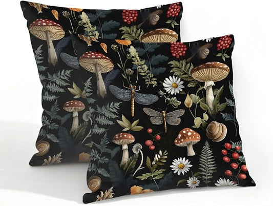 20x20 Inch Outdoor Pillow Covers Set of 2 Waterproof Throw Pillow Covers Decorative Couch Cushion Covers Mushrooms Dragonflies Leaf Square Pillowcases Protectors for Patio Garden Sofa