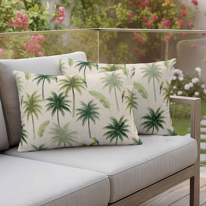 Yukro Summer Palm Tree Parrot Outdoor Waterproof Pillow Covers Pack of 2, Tropical Green Leaf Bird Retro Throw Pillowcases Decorative Cushion Covers for Garden Patio Tent Sofa Couch, 20x12 inch