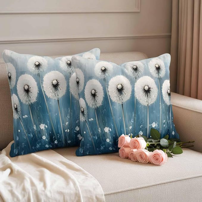 Spring Floral Waterproof Outdoor Pillow Covers Set of 2 Home Decor, Whit Blue Oil Painting Pastoral Pillowcase Patio Pillow Covers for Couch Bench Furniture Garden 16x16in