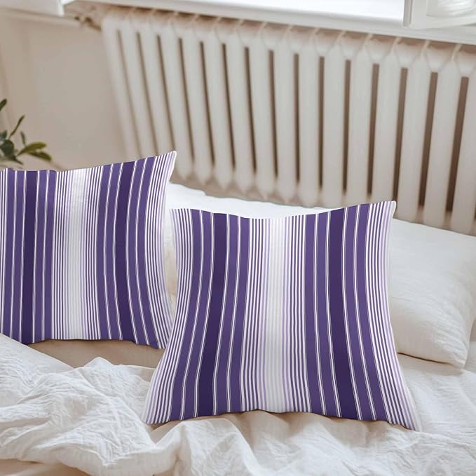 Outdoor Waterproof Throw Pillow Cover, Farmhouse Purple Gradient Line Decorative Pillows Cushion Covers, Modern Minimalist Stripe 2 Pack Pillow Cases for Patio Garden Balcony Couch Sofa 18x18in