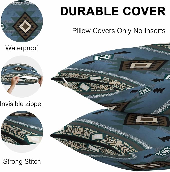 Vandarllin Outdoor Throw Pillows Covers 20x20 inch Set of 2 Waterproof Blue Tribal Style Decorative Zippered Cushion Covers for Patio Furniture, Southwest Native American Lumbar Pillowcases