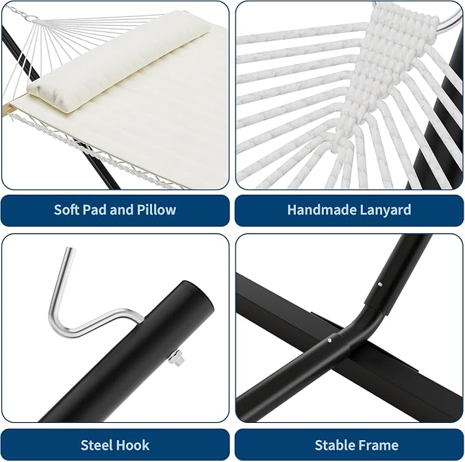HomeEterna Iron Frame Polyester Cotton-Padded Netting Cushion Style Hammock with Durable Iron Frame, Soft Polyester Padding, Breathable Netting, Comfortable Cushion Design, and Easy Setup