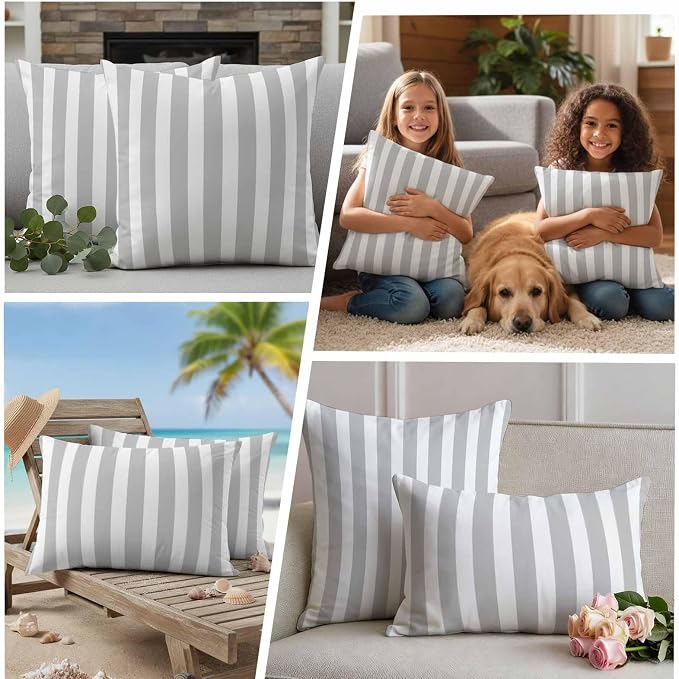 Grey Striped Outdoor Waterproof Throw Pillow Covers 16x16 Set of 2, Modern Farmhouse Gray White Stripes Decorative Pillowcases Cushion Pillowcase for Couch Sofa Patio Outside Pillow Protector