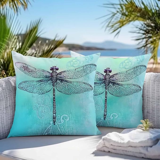 Vandarllin Outdoor Throw Pillows Covers 24x24 inch Set of 2 Waterproof Watercolors Dragonfly Decorative Zippered Cushion Covers for Patio Furniture, Teal Painting Lumbar Pillowcases