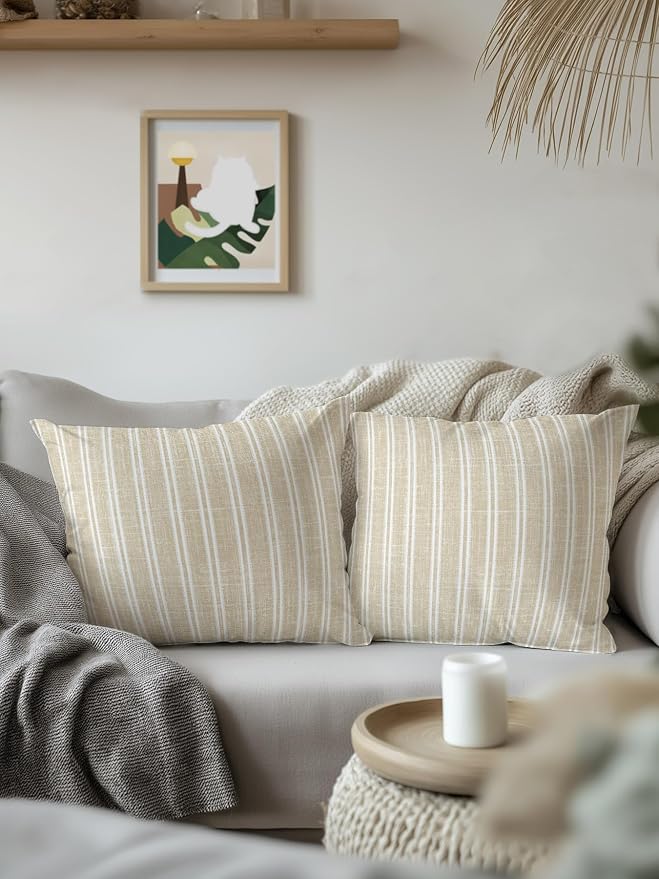 Waterproof Outdoor Pillow 1 Pack Beige Linen Striped Decorative Throw Pillows Cover & Insert 18x18 Inch Pillowcase Vertical Stripes Lines Pillows for Couch Sofa Bed Patio Furniture Indoor Outdoor