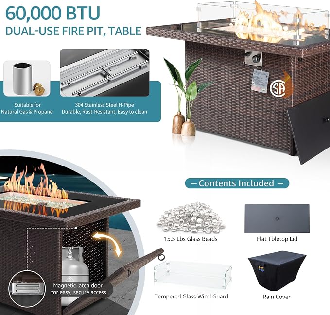 NICESOUL 13 Piece Patio Furniture w/Fireplace, Elegant Outdoor Seating w/Firepit, XL 29.3'' High Back Sectional Sofa, All-Weather Rattan Deck Couch, Modular Sturdy Conversation Set, Brown & Teal