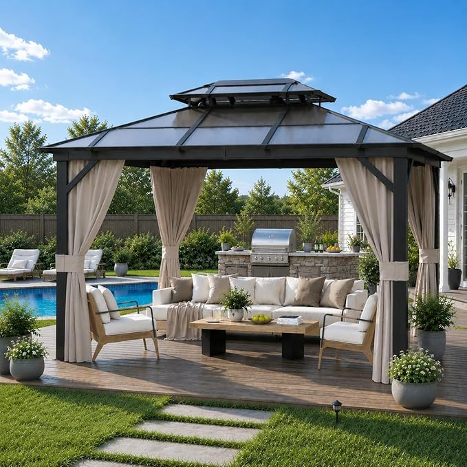 GAOMON 10'x12' Hardtop Gazebo with Polycarbonate Double Roof, Durable Aluminum Frame, Weatherproof & UV Protection for Garden, Patio, Lawn