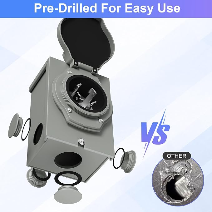30 Amp Generator Inlet Box Pre-Drilled, NEMA L14-30P 30A 125V/250V Generator Power Inlet Box for 4 Prong Generator Cord ETL Listed, Waterproof Dust Proof for Outdoor Use