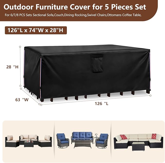 Patio Furniture Covers Waterproof,Heavy Duty Outdoor Furniture Covers, Rectangle Patio Table Cover Fits 5-8Piece Sectional Set Outdoor Chair Couch Table Sets (126" L x 63" W x 28" H)