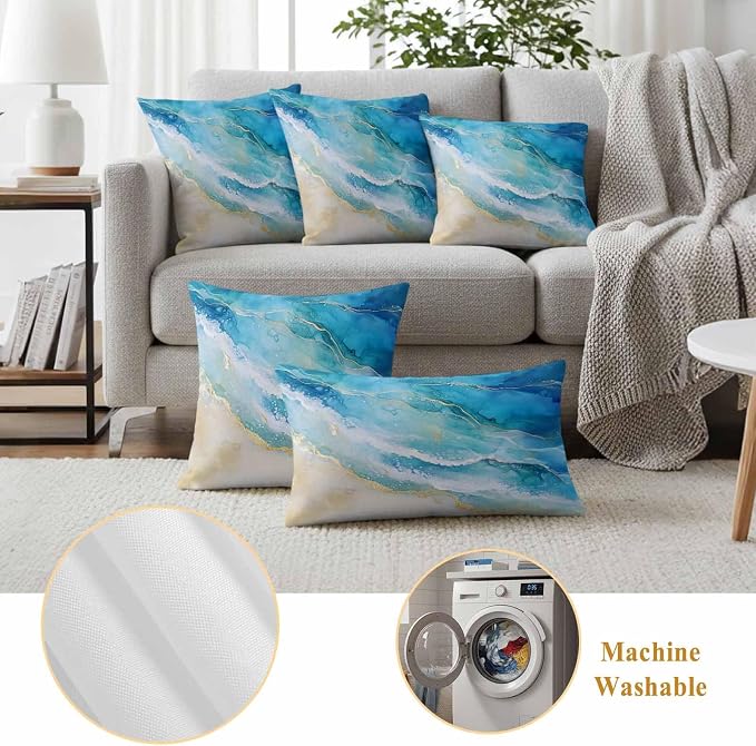 Abstract Waves Outdoor Waterproof Throw Pillow Covers Set of 2, 20"x20", Surrealism Spray Beach Ocean Watercolor Decorative Pillow Covers Outside Cushion Case for Patio Porch Garden