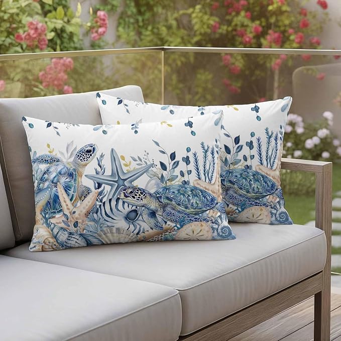 Pack of 2 Blue Turtle Coastal Outdoor Pillow Covers Decorative, Beach Coral Starfish Waterproof Pillow Protector, Nautical Eucalyptus Lumbar Throw Pillowcases for Patio Couch Sofa Home Decor 20"x12"