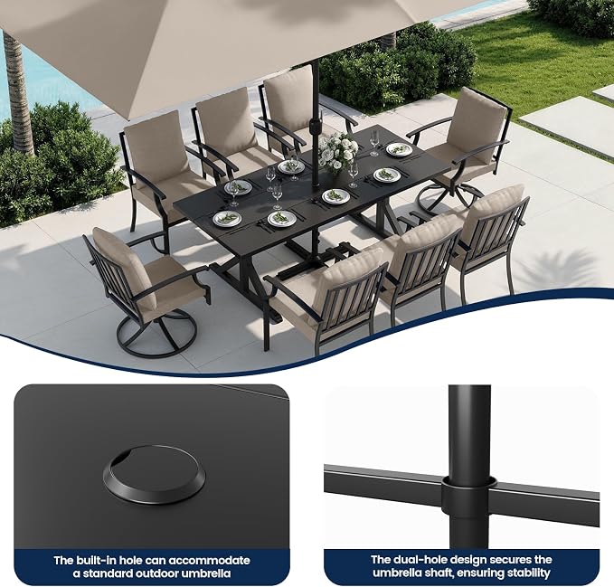 7 Piece Outdoor Dining Set for 6, Metal Patio Table and Chairs with Cushions, Patio Furniture Set with 6 Stackable Chairs, Rectangular Metal Dining Table with Umbrella Hole, Lawn Deck Yard-Sand