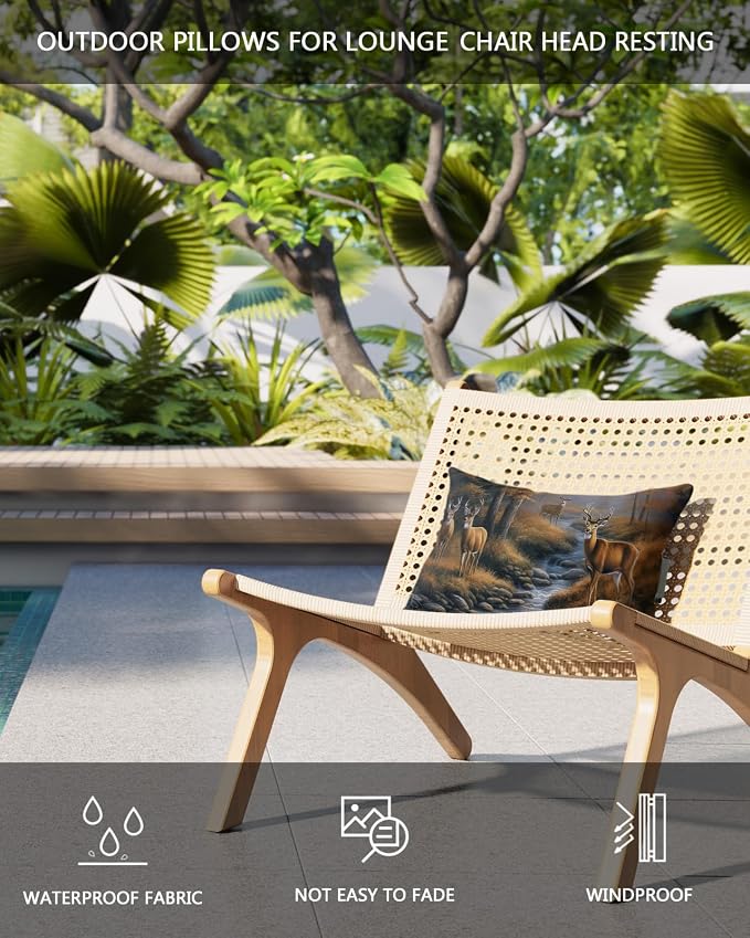 Outdoor Pillows Covers with Inserts Deers Stream Grass in Forest Pattern Waterproof Recliner Pillow with Adjustable Strap Throw Pillows for Patio Furniture Pool Lounge Chair, 11x16 inch, 1PCS