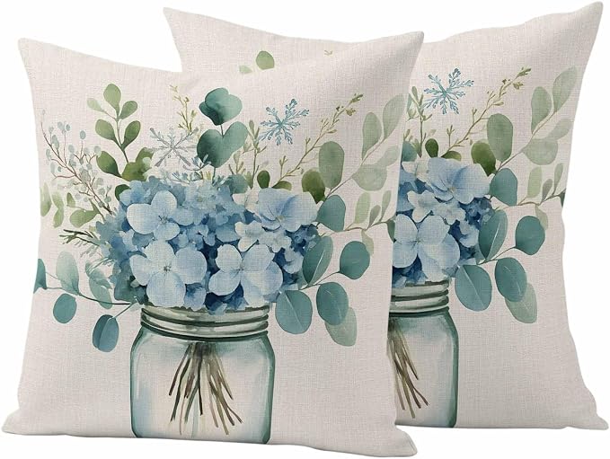 Blue Floral Outdoor Waterproof Throw Pillow Covers Set of 2, 18"x18", Pastoral Eucalyptus Leaf Linen Texture Decorative Pillow Covers Outside Cushion Case for Patio Porch Garden