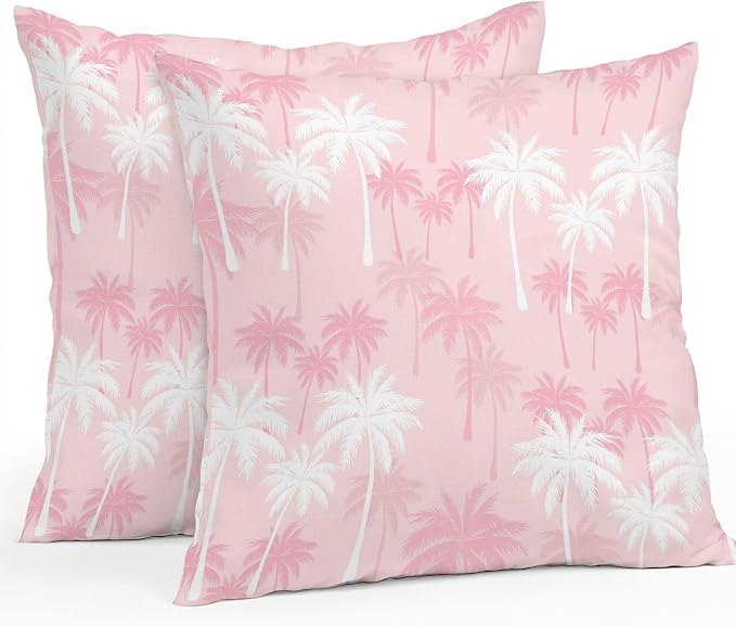 Throw Pillow Covers 24x24 Inch Set of 2, Tropical Palm Tree Waterproof Outdoor Pillow Covers, Pink White Plants Coastal Leaf Beach Decorative Cushion Pillowcases for Couch, Sofa, Bed, Garden, Patio