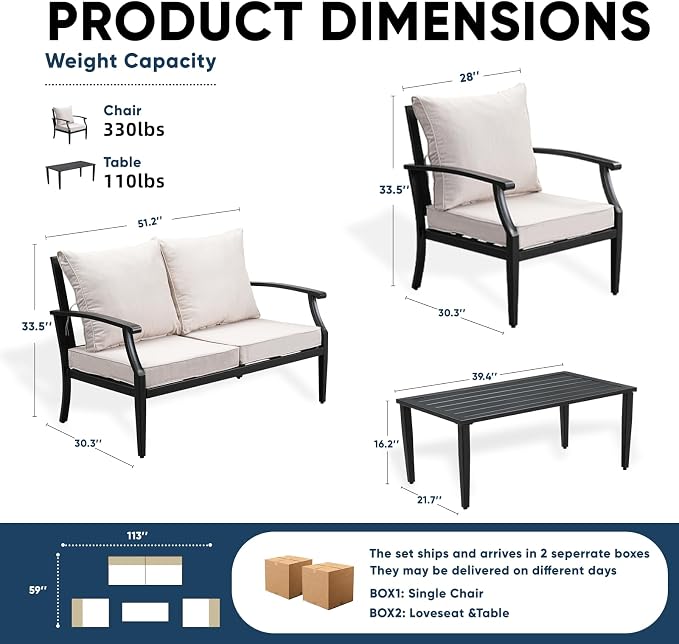 4 Piece Outdoor Patio Furniture Set, Oversized Metal Conversation Set with High Back & Deep Seating, Water-Repellent Cushions, Coffee Table for Porch, Deck, Backyard, Beige