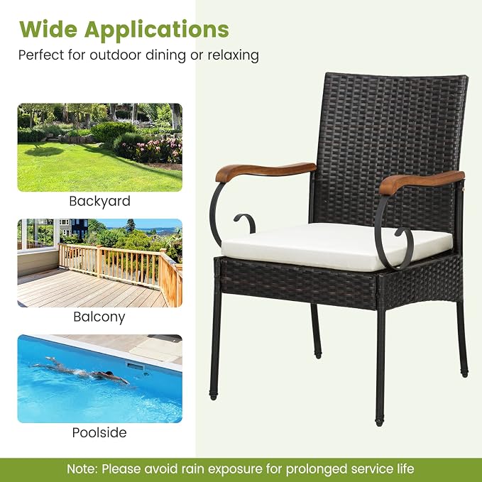 Tangkula 5 PCS Patio Rattan Dining Set, Outdoor Wicker Chair & Dining Table Set, Acacia Wood Tabletop & Armrests, 2” Umbrella Hole, Seat Cushions Included, Backyard (5 PCS)