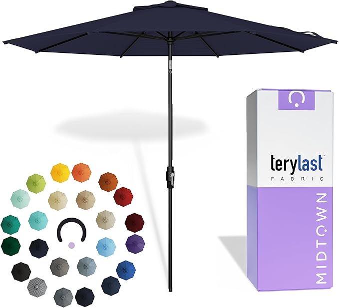 Midtown Umbrellas – The Swilt 10 Ft Patio Umbrellas with 360° Swivel & Tilt Mechanism, 8 Fiberglass Ribs & Terylast Polyester Fabric for Backyard, Deck, Pool & Cafes - Navy Canopy, Black Pole