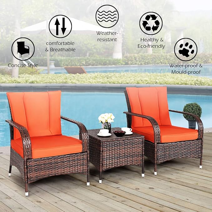 Tangkula 3 Piece Patio Furniture Set, 2 Wicker Chairs with Glass Top Coffee Table, Outdoor Garden Porch Poolside Furniture Set for 2, Rattan Conversation Set