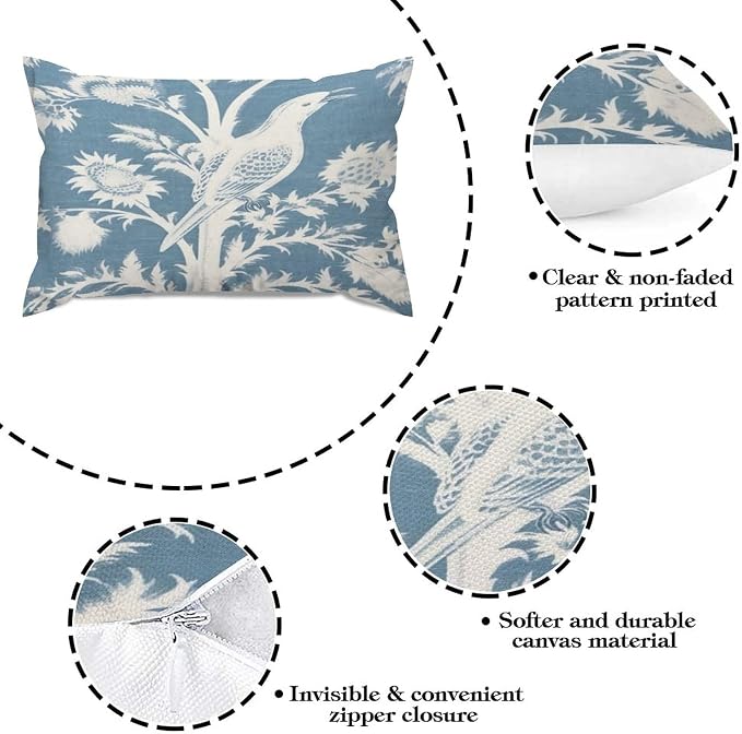 Set of 2 Blue Turquoise and White Birds Plant Cushion Cover Case with Zipper 12x18in Canvas Pillow Cover Rectangle Pillow Case for Couch Bed Car Pub Coffee Bar Living Room Decoration