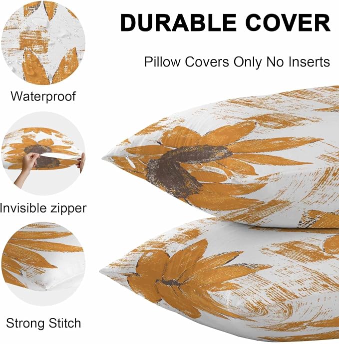 Vandarllin Outdoor Throw Pillows Covers 16x16 inch Set of 2 Waterproof Orange Sunflower Decorative Zippered Cushion Covers for Patio Furniture, Flower Field Lumbar Pillowcases