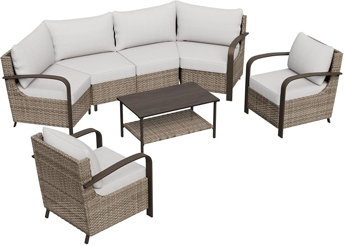 COOS BAY Aurora Terrace 6 Piece Outdoor Sectional Furniture Set, Half Moon Rattan Wicker Conversation Set with Patio Chairs, 4 Seat Sofa & Coffee Table for Patio Garden Yard, Beige/Beige