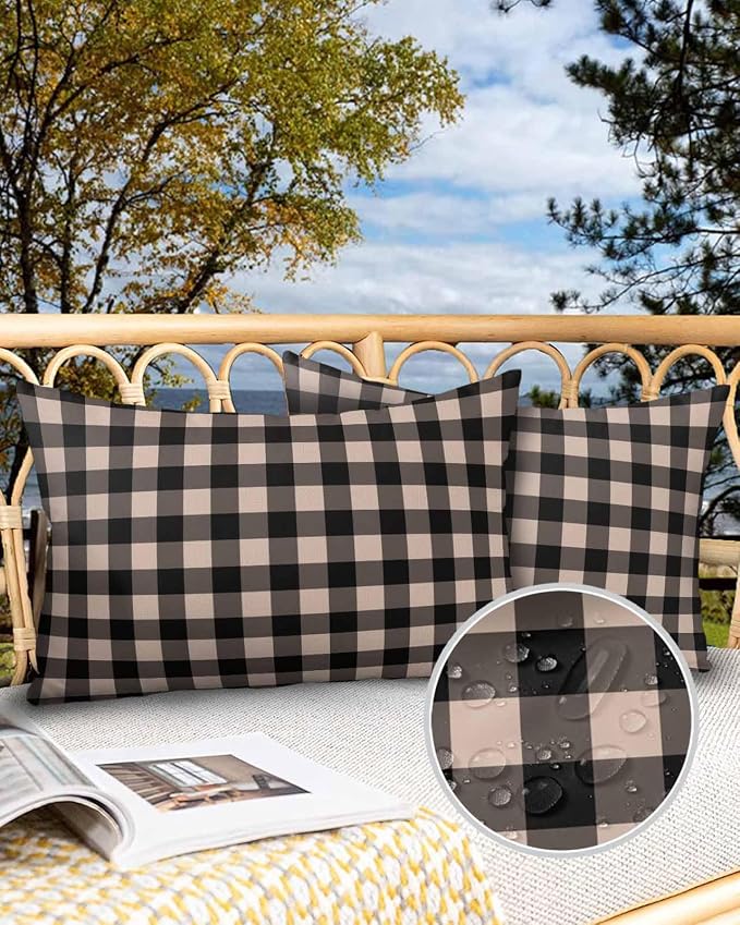 Outdoor Waterproof Throw Pillow Covers Set of 2 Beige Buffalo Plaid Lumbar Pillowcases 20x12 Inches Pastoral Black Checked Decorative Pillows Cushion Case Patio Pillows for Couch Bed Chair Garden