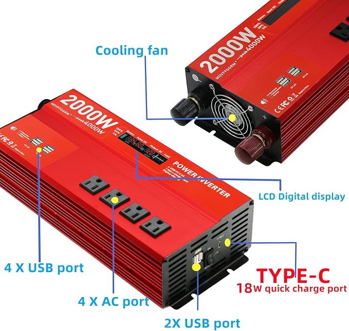 2000W 12V Power inverters for Vehicles,Peak 4000 watt, Car/Truck DC 12V to 110V 4AC Converter, 6 USB 2.4A Ports,with 18W Type-C Quick Charge Port,LCD Digital Display